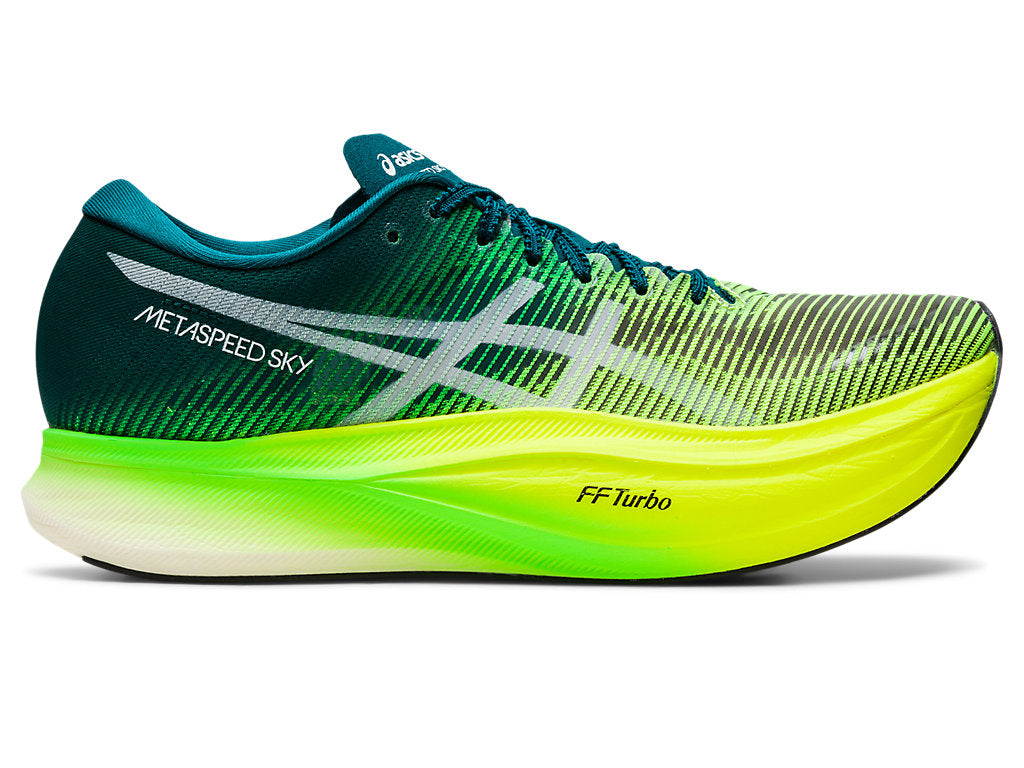 Women's Asics Metaspeed Sky+, Velvet Pine/Safety Yellow, 9 B Medium