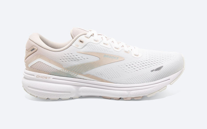 Women's Brooks Ghost 15, White/Crystal Grey/Glass, 6 B Medium