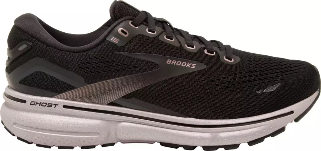 Women's Brooks Ghost 15, Black/Rose Gold, 6.5 D Wide