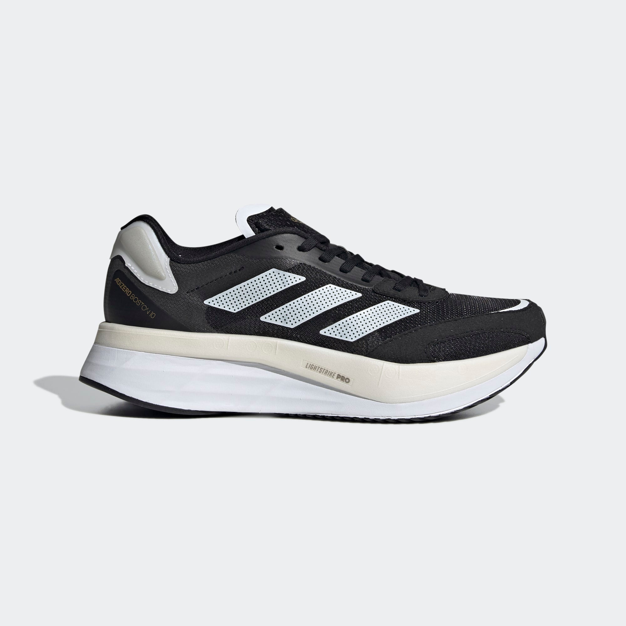 Women's Adidas Adizero Boston 10, Black/White/Gold Metallic, 7.5 B Medium