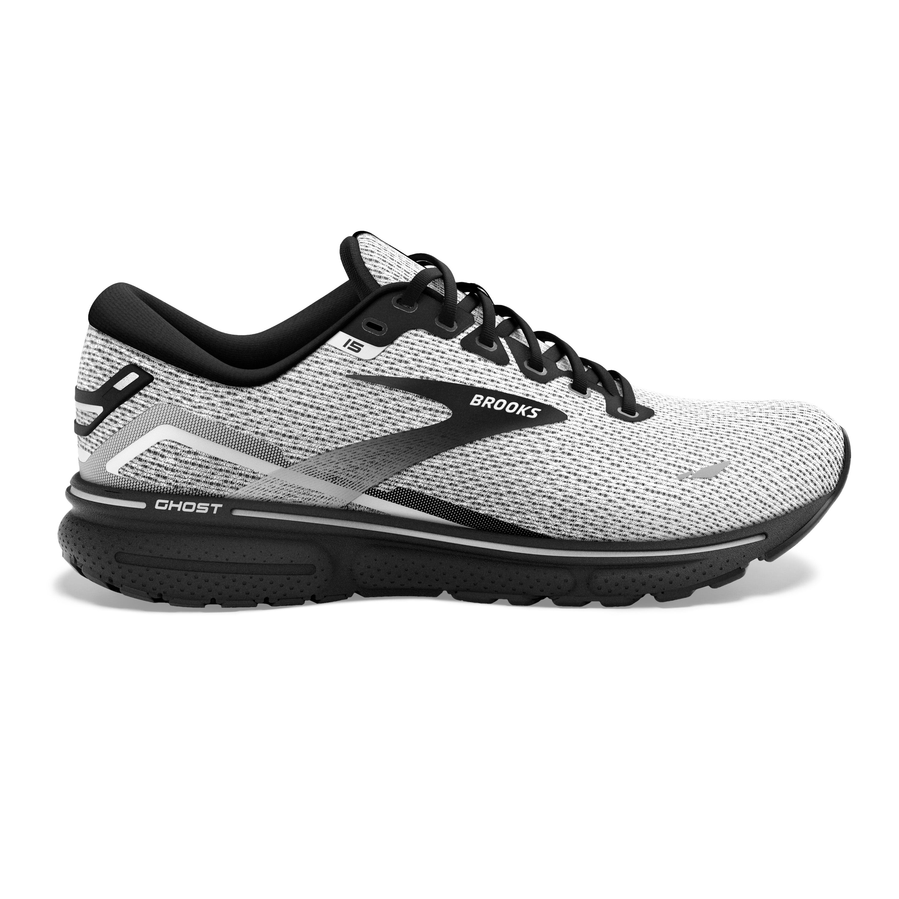 Men's Brooks Ghost 15, White/Black, 12.5 D Medium
