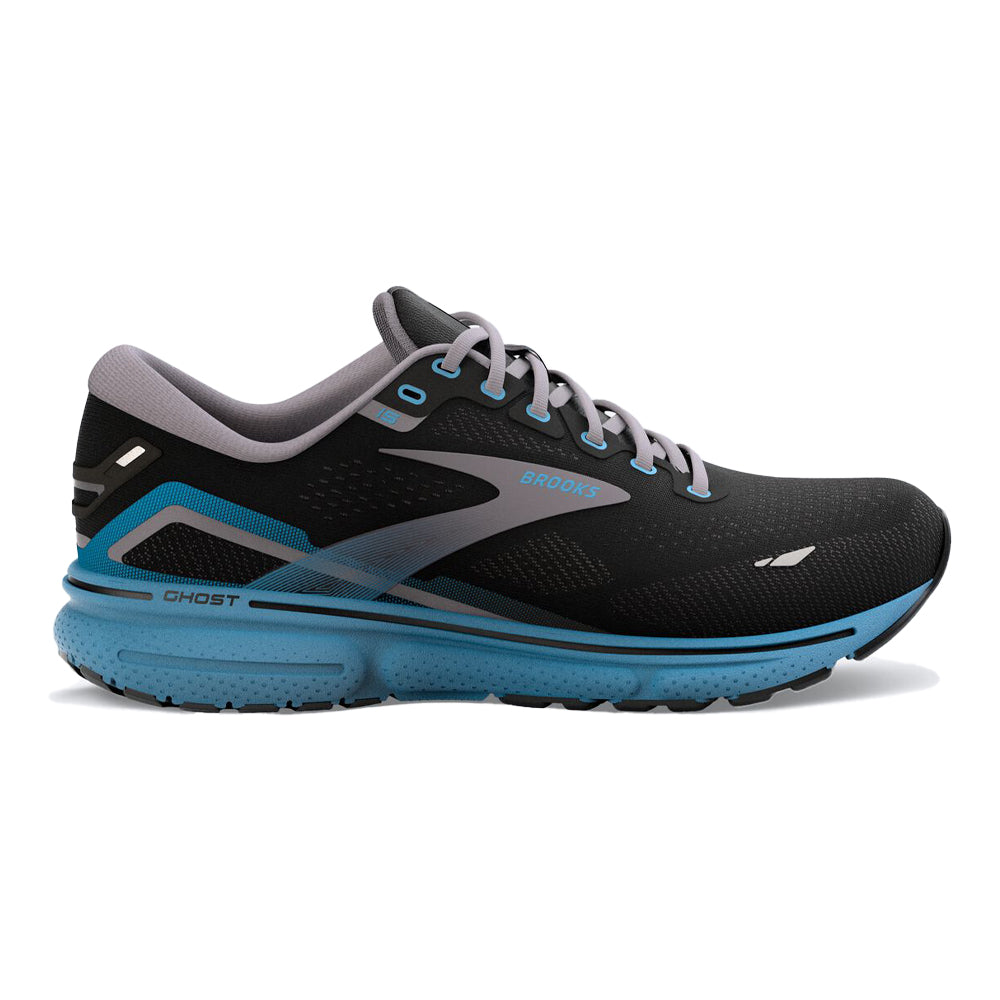 Men's Brooks Ghost 15, Black/Blackened Pearl/Blue, 11.5 D Medium