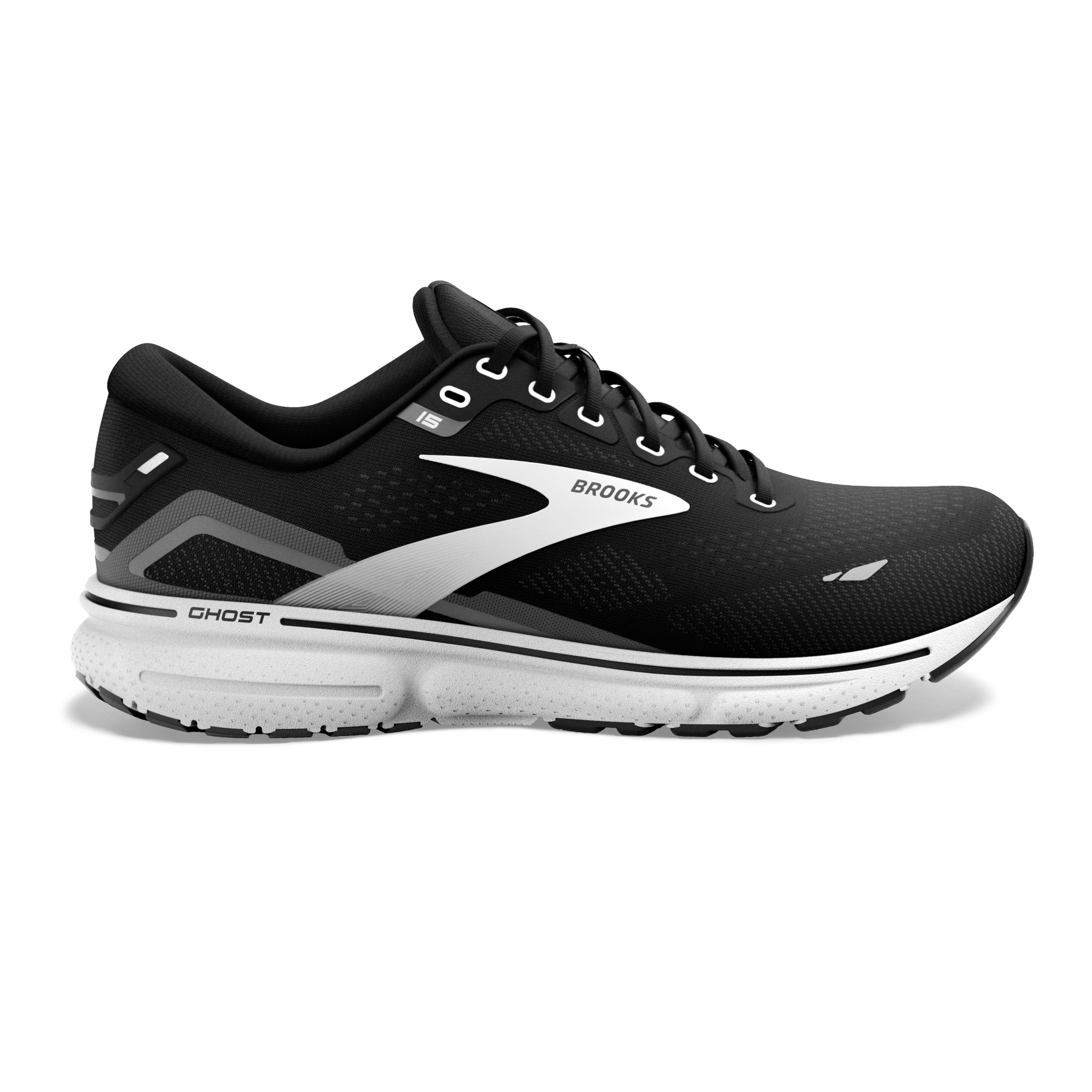 Men's Brooks Ghost 15, Black/Blackened Pearl/White, 12.5 2E Wide