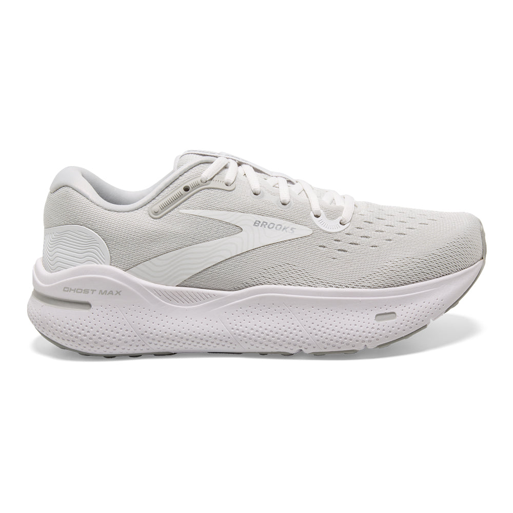 Men's Brooks Ghost Max, White/Oyster/Metallic Silver, 10 2E Wide