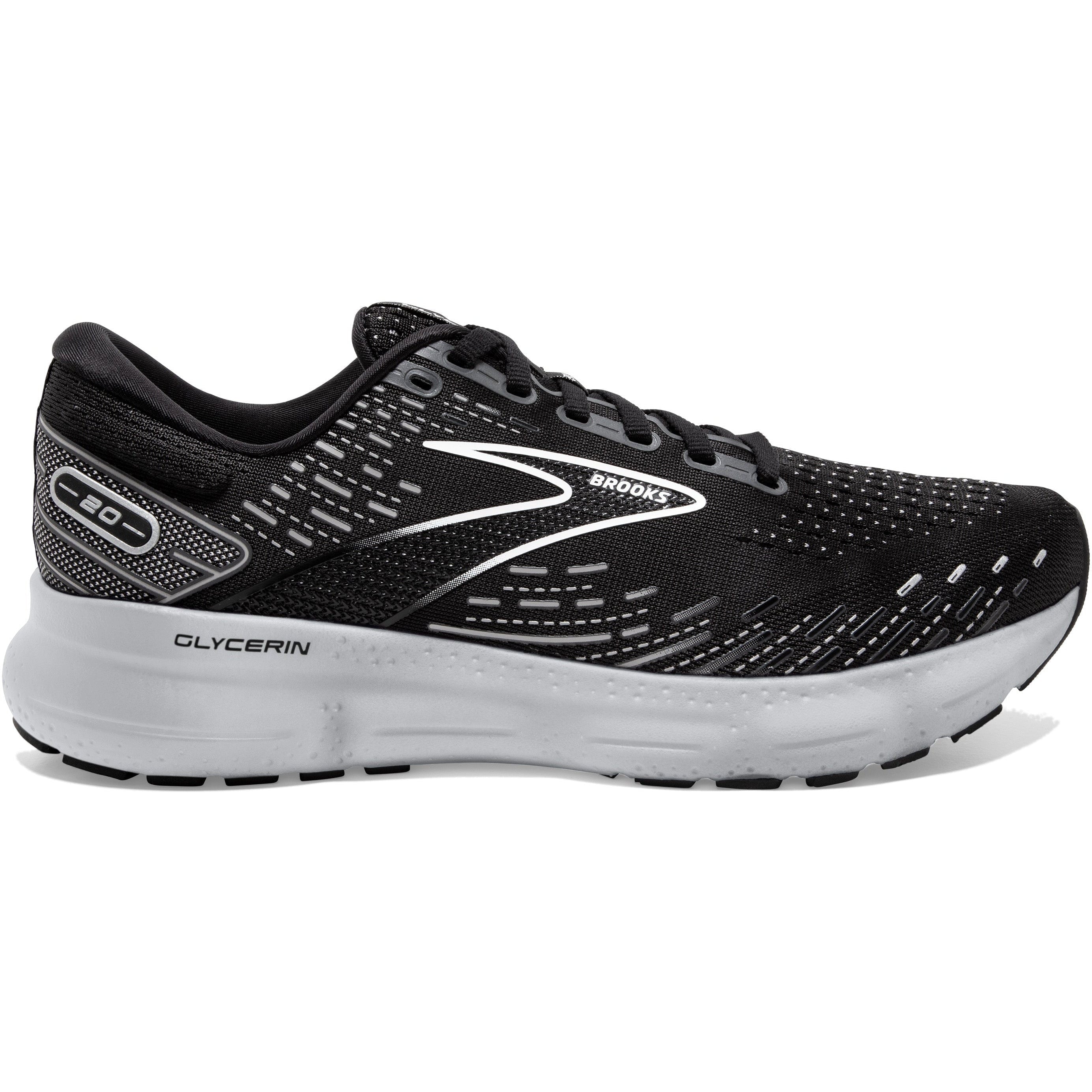 Men's Brooks Glycerin 20, Black/White/Alloy, 10.5 D Medium