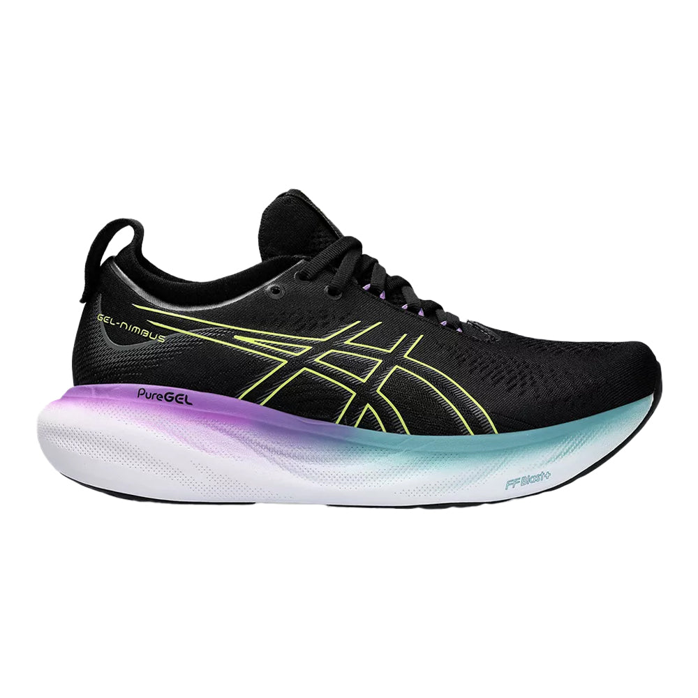 Women's Asics Gel-Nimbus 25, Black/Glow Yellow, 11 D Wide