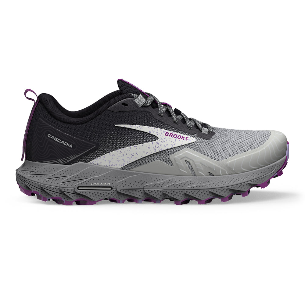 Women's Brooks Cascadia 17, Oyster/Blackened Pearl/Purple, 9.5 D Wide