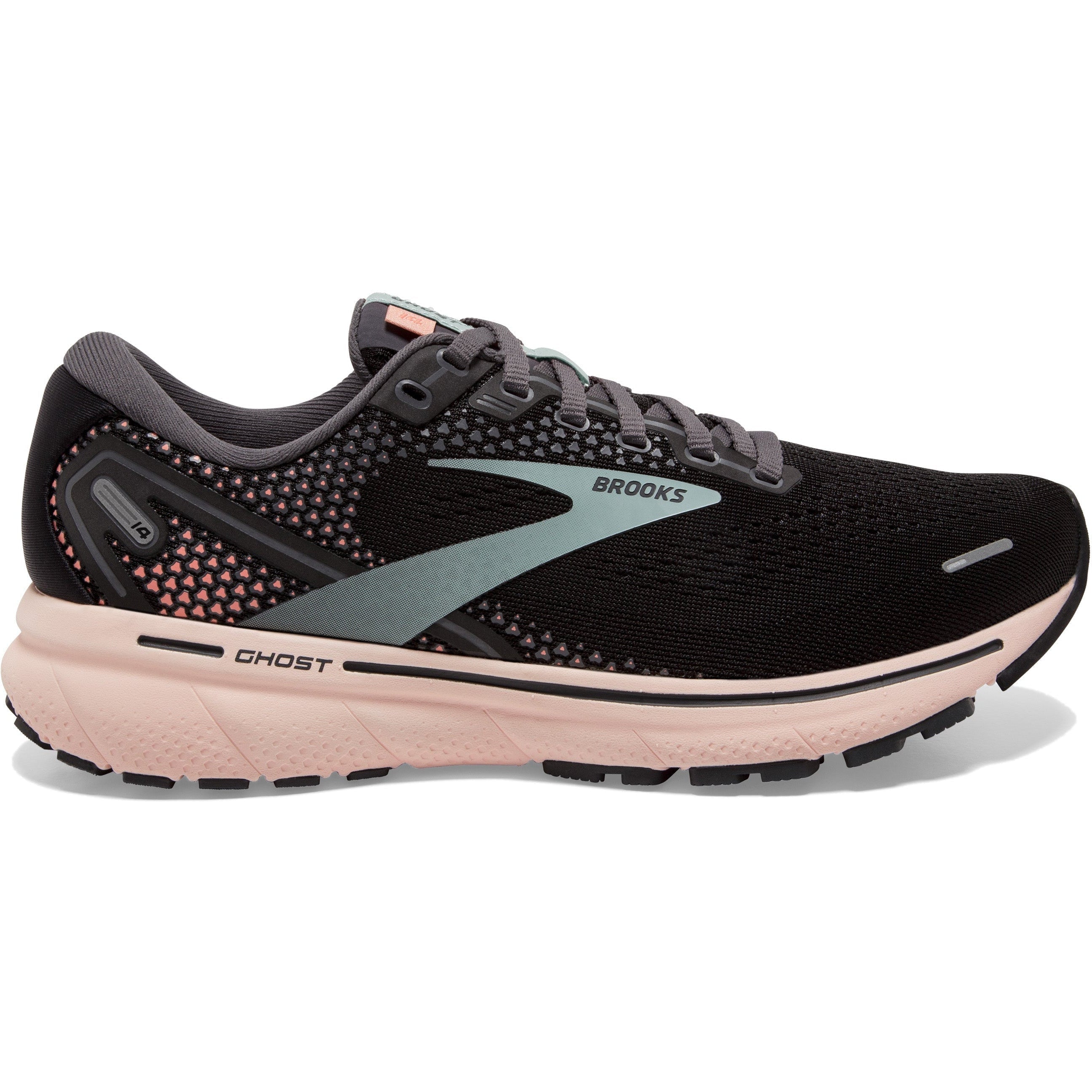 Women's Brooks Ghost 14, Black/Pearl/Peach, 10.5 B Medium