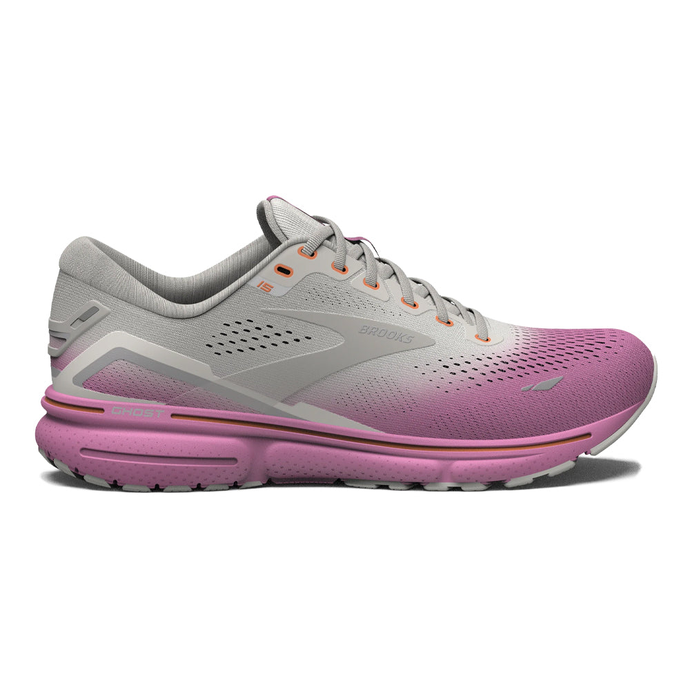 Women's Brooks Ghost 15, Grey/Coconut/Fuchsia, 7 B Medium