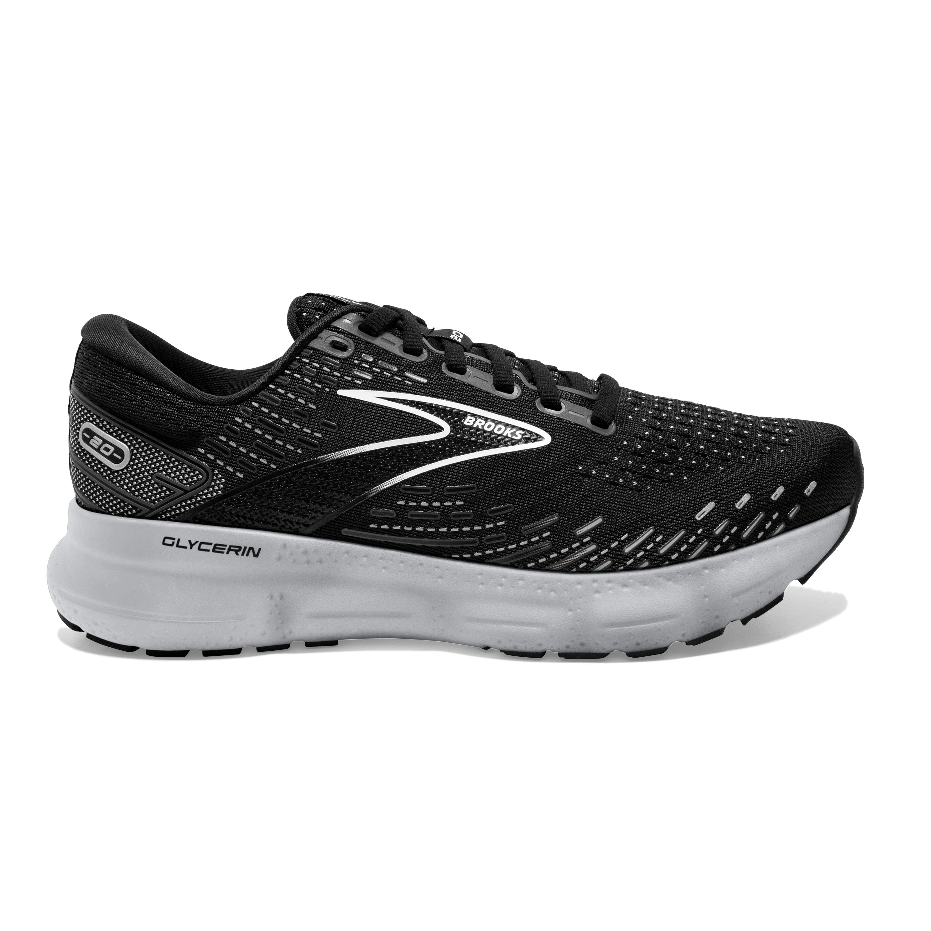 Women's Brooks Glycerin 20, Black/White/Alloy, 10.5 B Medium