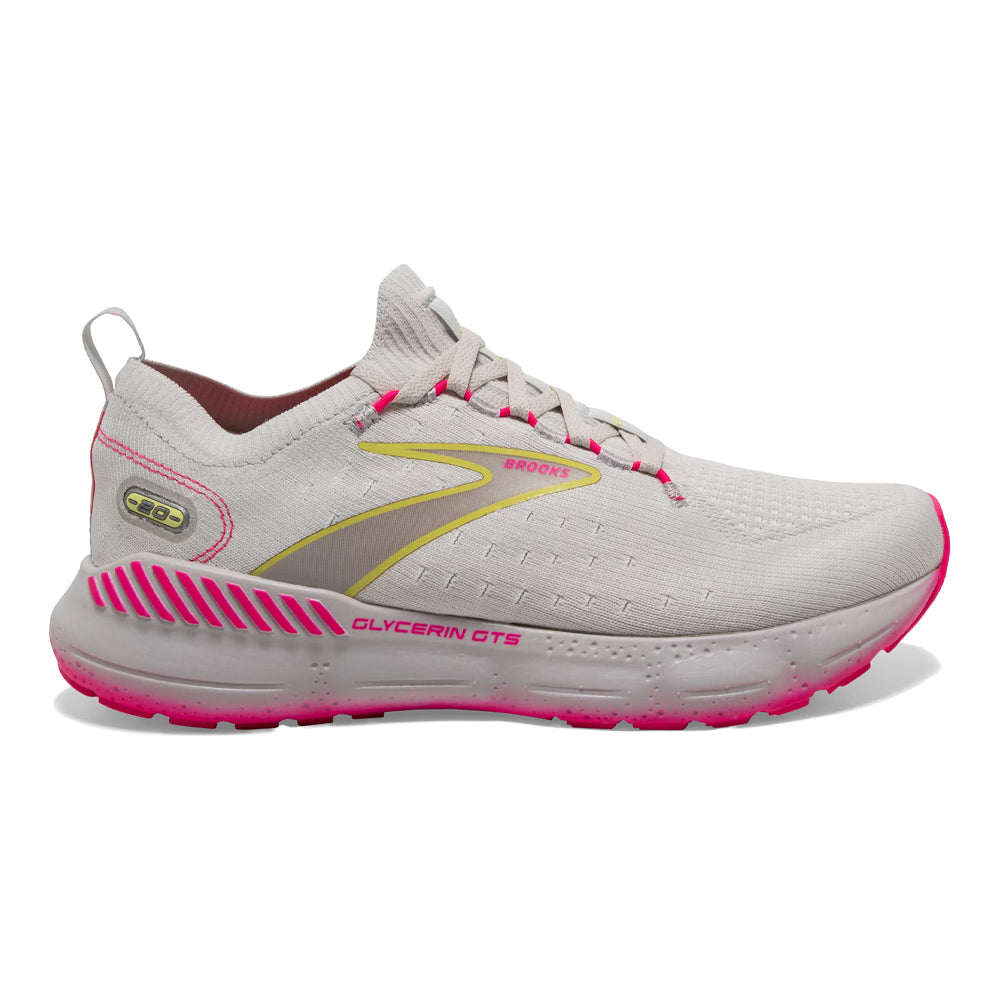 Women's Brooks Glycerin StealthFit GTS 20, Grey/Yellow/Pink, 9 B Medium