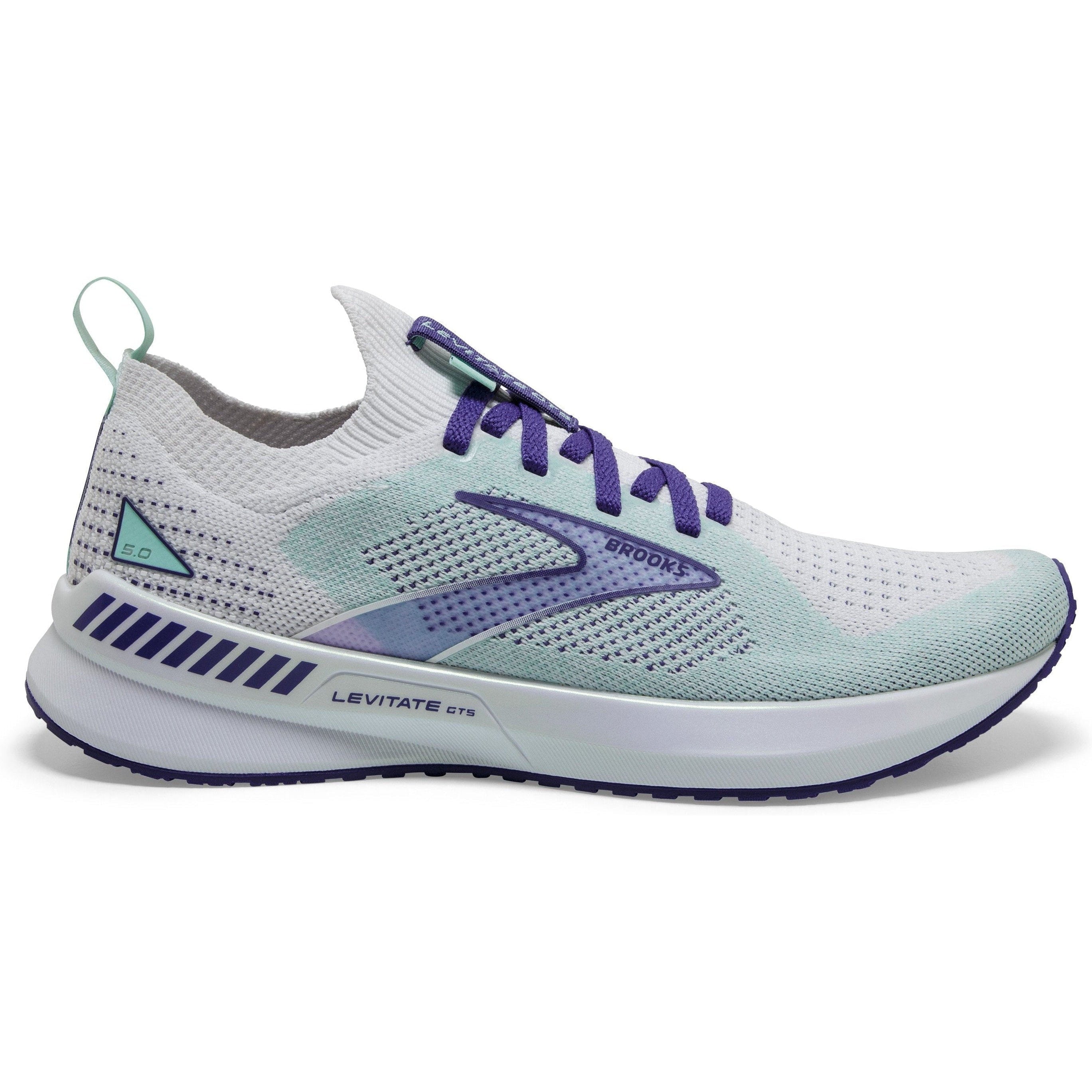 Women's Brooks Levitate Stealthfit GTS 5, White/Navy Blue/Yucca, 6 B Medium