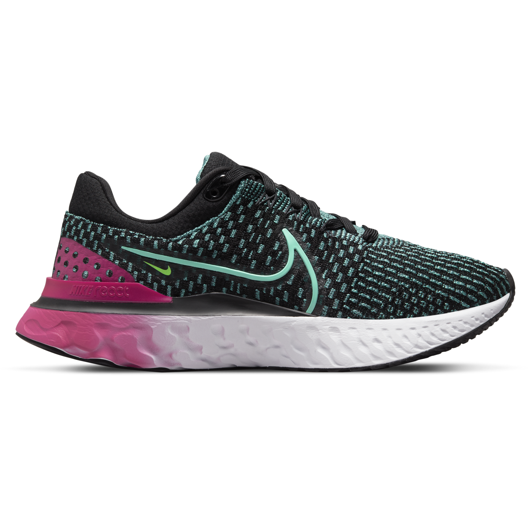 Women's Nike React Infinity Run Flyknit 3, Black/Dynamic Turquoise-Pink Prime, 7.5 B Medium