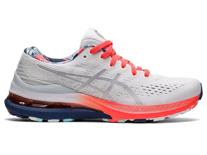 Women's Asics Gel-Kayano 28, White/Thunder Blue, 7 B Medium